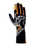 Rękawice Alpinestars Tech-1 Race V4, rękawice wyścigowe, czarne z pomarańczowym fluo, z dużym białym logo Astar na grzbiecie dłoni, pomarańczowymi akcentami na palcach i konstrukcją z wysokim mankietem dla profesjonalnej ochrony w sportach motorowych
