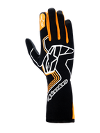 Rękawice Alpinestars Tech-1 Race V4, rękawice wyścigowe, czarne z pomarańczowym fluo, z dużym białym logo Astar na grzbiecie dłoni, pomarańczowymi akcentami na palcach i konstrukcją z wysokim mankietem dla profesjonalnej ochrony w sportach motorowych