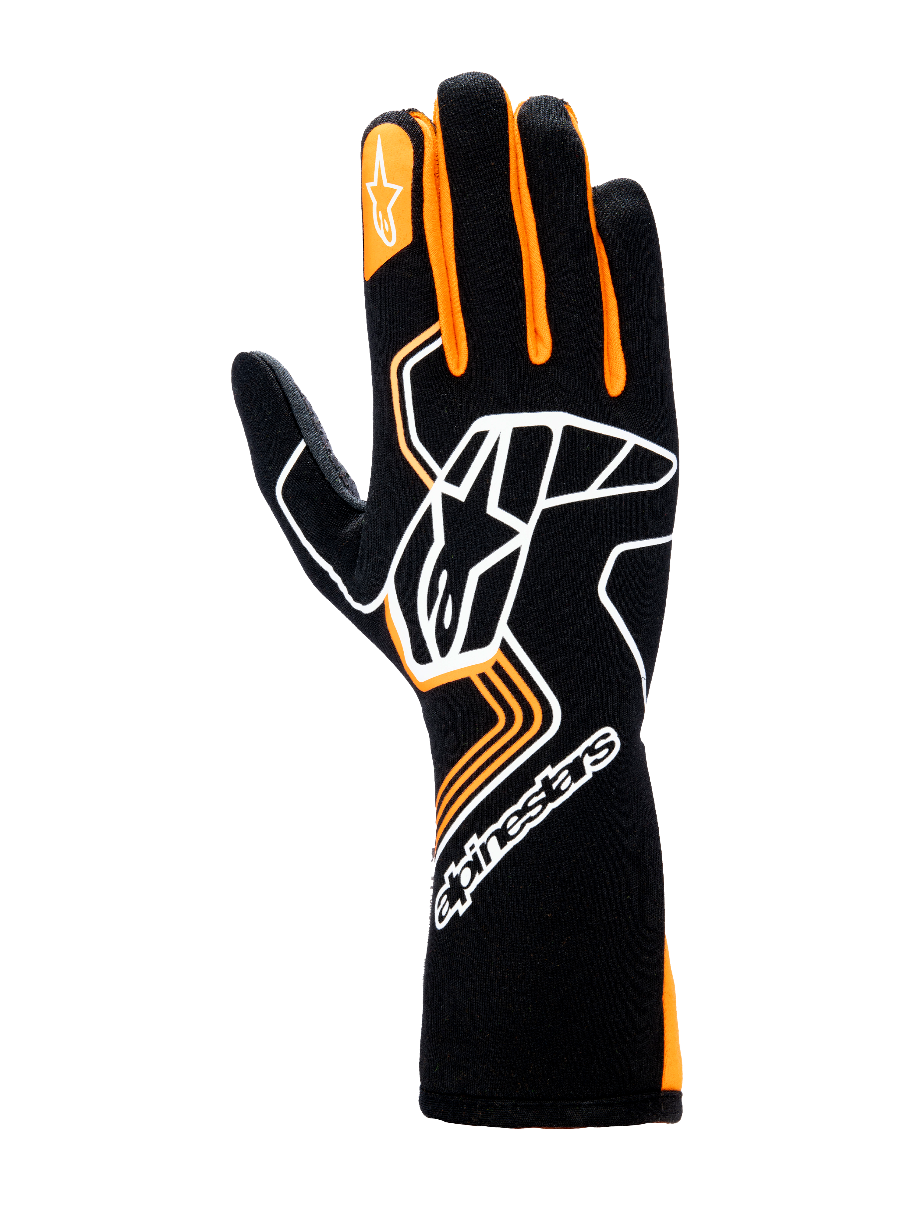 Rękawice Alpinestars Tech-1 Race V4, rękawice wyścigowe, czarne z pomarańczowym fluo, z dużym białym logo Astar na grzbiecie dłoni, pomarańczowymi akcentami na palcach i konstrukcją z wysokim mankietem dla profesjonalnej ochrony w sportach motorowych
