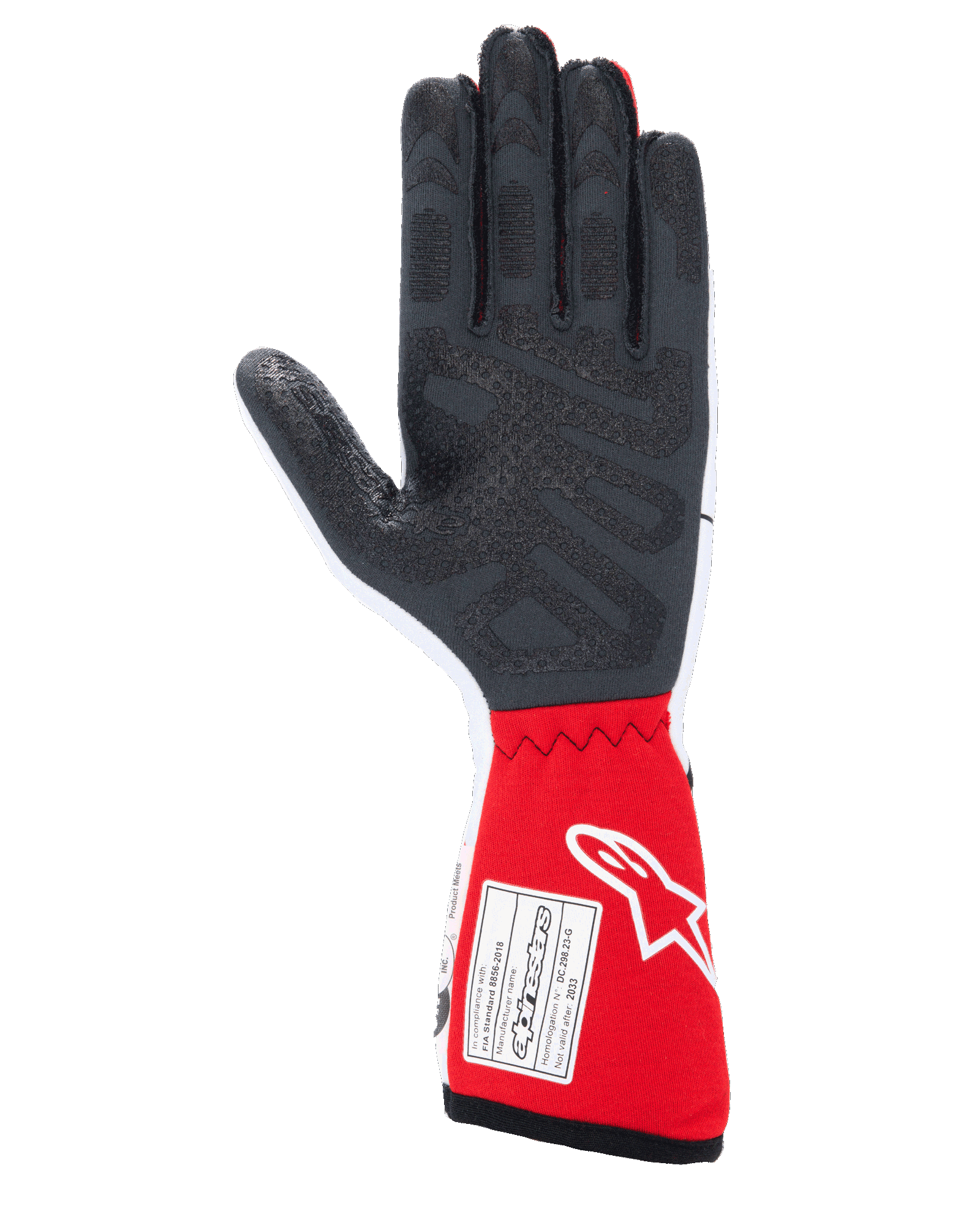 Alpinestars Tech-1 Race V4 Gloves, samochodowe rękawice wyścigowe, biało-czerwone, widok od strony dłoni z czarnymi silikonowymi wzorami poprawiającymi chwyt i etykietą certyfikacyjną FIA 8856-2018 na czerwonym mankiecie, profesjonalny sprzęt do sportów motorowych