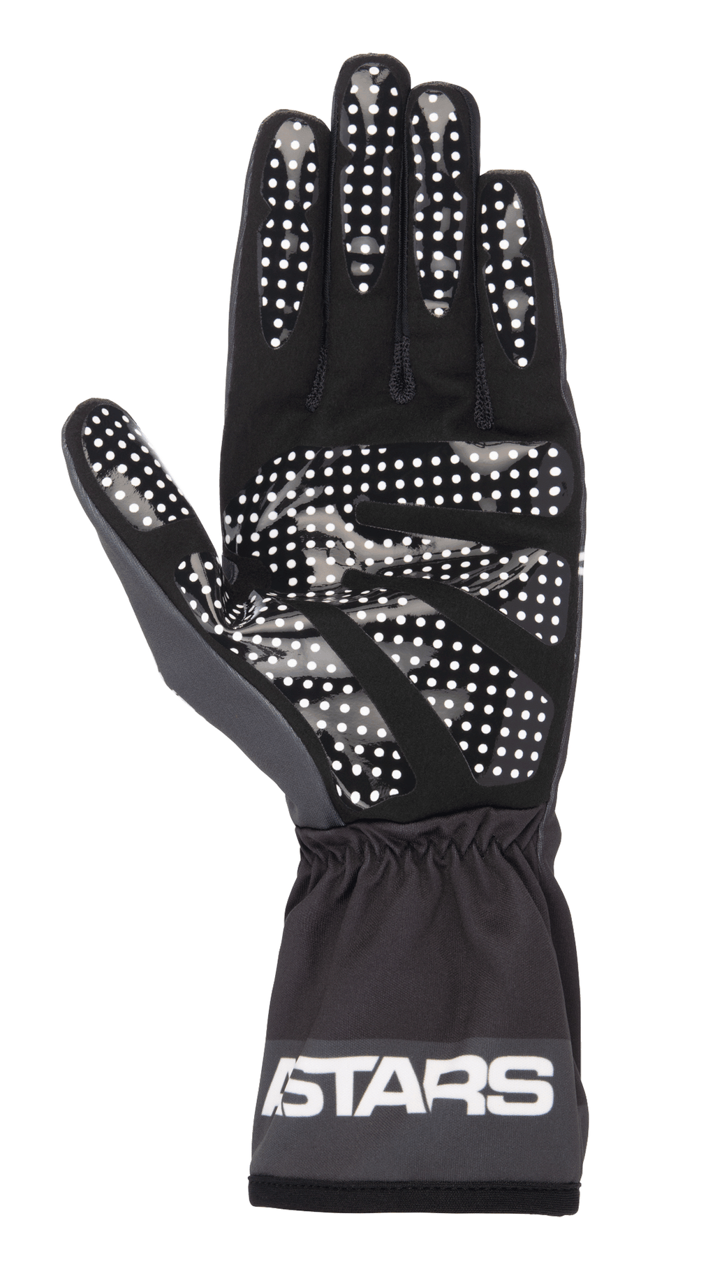 Alpinestars Tech-1 K Race V2 One Vision Gloves, rękawice kartingowe, czarne i ciemnoszare, widok od strony dłoni z białym kropkowanym wzorem silikonowym, elastyczny mankiet z logo ASTARS, lekki sprzęt kartingowy