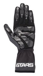 Alpinestars Tech-1 K Race V2 One Vision Gloves, rękawice kartingowe, czarne i ciemnoszare, widok od strony dłoni z białym kropkowanym wzorem silikonowym, elastyczny mankiet z logo ASTARS, lekki sprzęt kartingowy