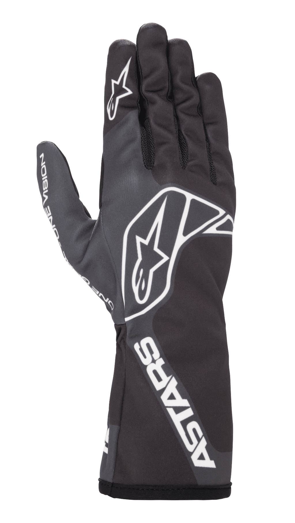 Rękawice Alpinestars Tech-1 K Race V2 One Vision, rękawice kartingowe, czarno-szare, z białym logo gwiazdy na grzbiecie i palcu, brandingiem ASTARS na mankiecie, smukły design z długim mankietem