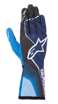 Alpinestars Tech-1 K Race V2 Future Gloves, Karting Racing Gloves, Navy Blue and Light Blue with Black accents, featuring a large white star logo, dynamic curved lines, mesh finger sections, and a sporty motorsport design with white branding