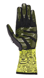 Alpinestars Tech-1 K Race V2 Vertical Gloves, Yellow Fluo and Black, palm view highlighting silicone grip pattern with yellow dots, abstract digital print on gauntlet cuff, specialized karting glove design