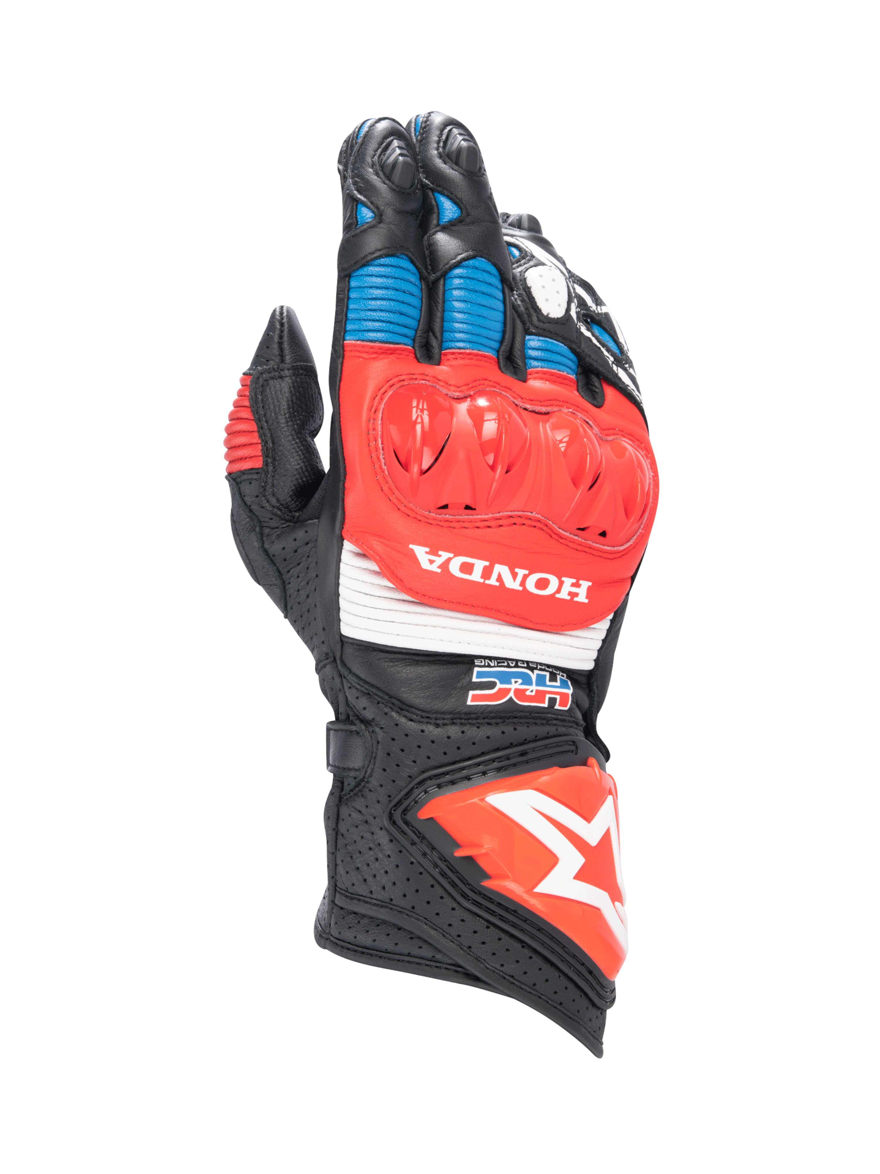 Alpinestars Rękawice Honda GP Pro R3, wyścigowe rękawice motocyklowe, czarne i czerwone, skóra z ochroną kostek DFS oraz logo Honda i HRC.