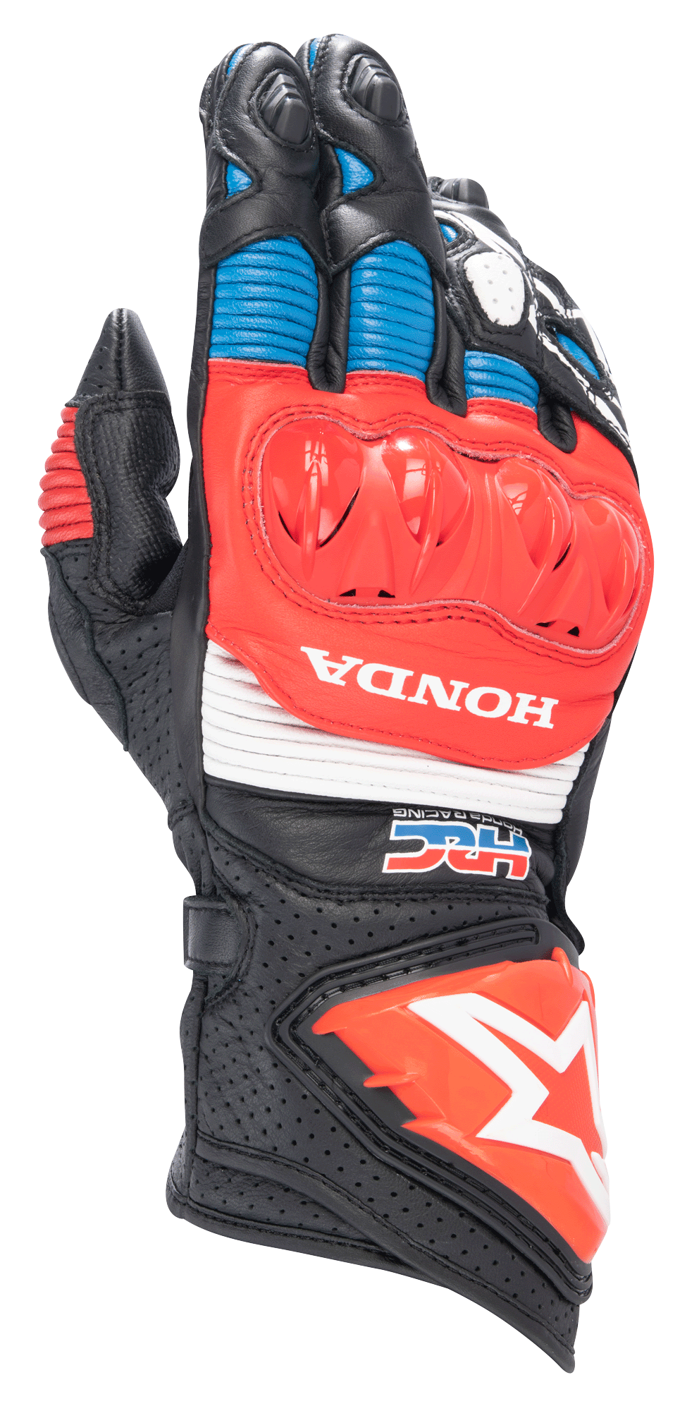 Alpinestars Honda GP Pro R3 Gloves, Motorcycle Racing Gauntlet Glove, Black with Bright Red and Blue accents, featuring a red DFS hard knuckle protector, white HONDA and HRC logos, perforated leather with accordion panels, and Alpinestars star logo on the cuff