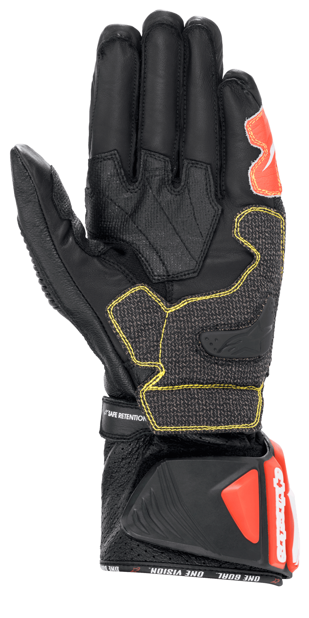 Rękawice Alpinestars GP Tech V2, czarno-biało-czerwone fluo, widok od strony dłoni przedstawiający konstrukcję z czarnej skóry z żółtymi kontrastowymi szwami, ochronny mankiet DFS z czerwonymi akcentami, profesjonalny wyścigowy sprzęt motocyklowy