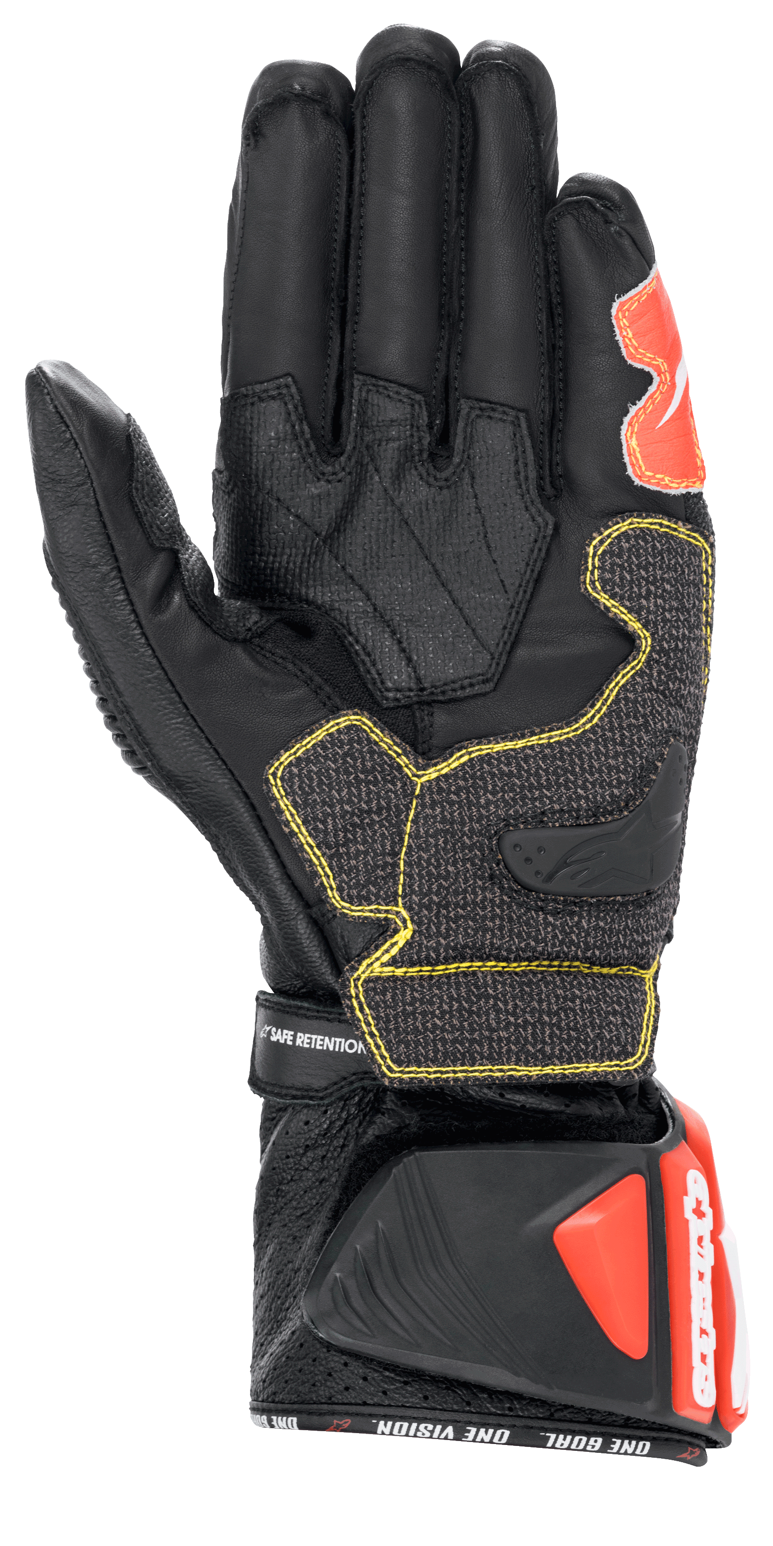 Rękawice Alpinestars GP Tech V2, czarno-biało-czerwone fluo, widok od strony dłoni przedstawiający konstrukcję z czarnej skóry z żółtymi kontrastowymi szwami, ochronny mankiet DFS z czerwonymi akcentami, profesjonalny wyścigowy sprzęt motocyklowy