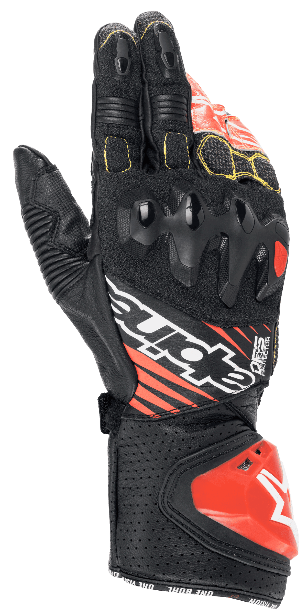 Alpinestars GP Tech V2, wyścigowe rękawice motocyklowe, czarno-biało-czerwone Fluo, z ochraniaczem kostek o podwójnej gęstości, perforowaną skórą z żółtymi szwami i czerwonym sliderem mankietu DFS, profesjonalny design wyścigowy