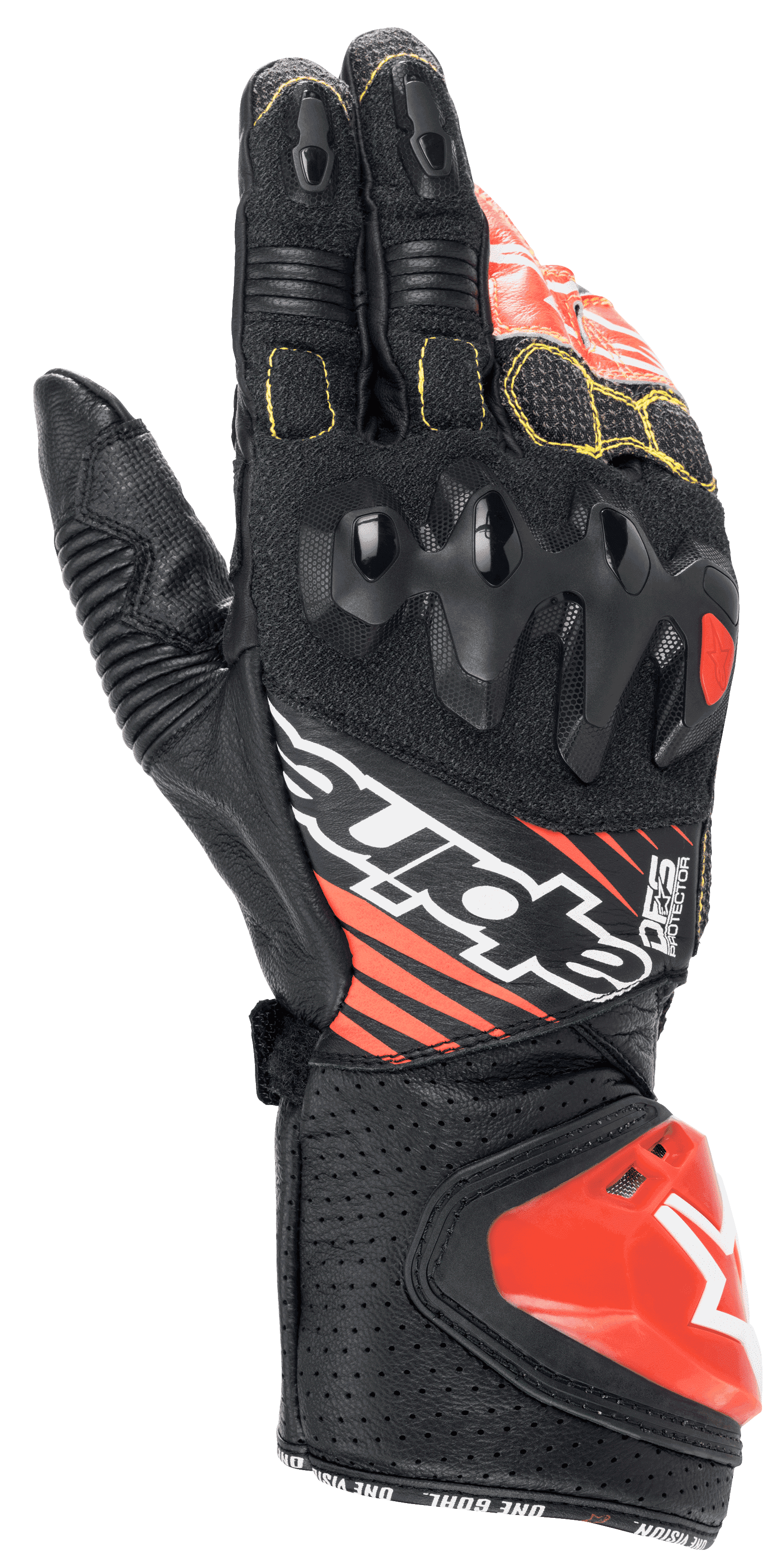 Alpinestars GP Tech V2, wyścigowe rękawice motocyklowe, czarno-biało-czerwone Fluo, z ochraniaczem kostek o podwójnej gęstości, perforowaną skórą z żółtymi szwami i czerwonym sliderem mankietu DFS, profesjonalny design wyścigowy