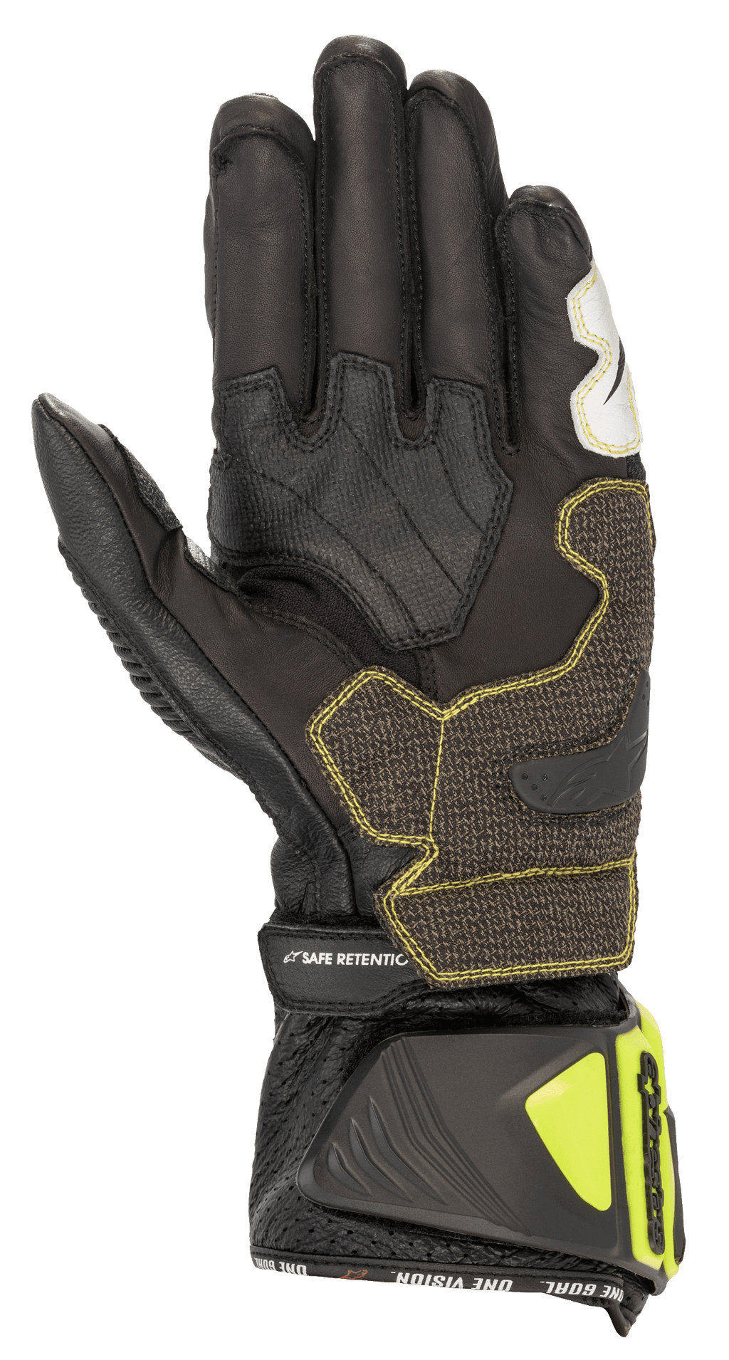 Rękawice Alpinestars GP Tech V2, czarno-żółte fluo, widok od strony dłoni ukazujący konstrukcję ze skóry kangura, wzmocnione panele chwytne z żółtymi szwami, ergonomiczny mankiet z neonowożółtymi ochraniaczami i paskiem „SAFE RETENTION”, profesjonalny motocyklowy sprzęt wyścigowy