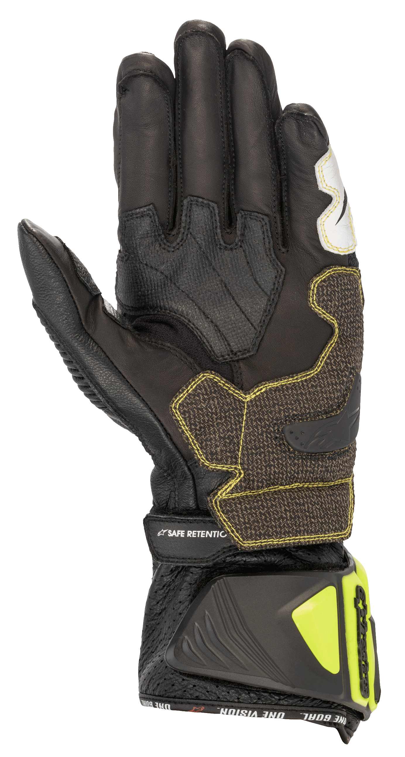 Rękawice Alpinestars GP Tech V2, czarno-żółte fluo, widok od strony dłoni ukazujący konstrukcję ze skóry kangura, wzmocnione panele chwytne z żółtymi szwami, ergonomiczny mankiet z neonowożółtymi ochraniaczami i paskiem „SAFE RETENTION”, profesjonalny motocyklowy sprzęt wyścigowy