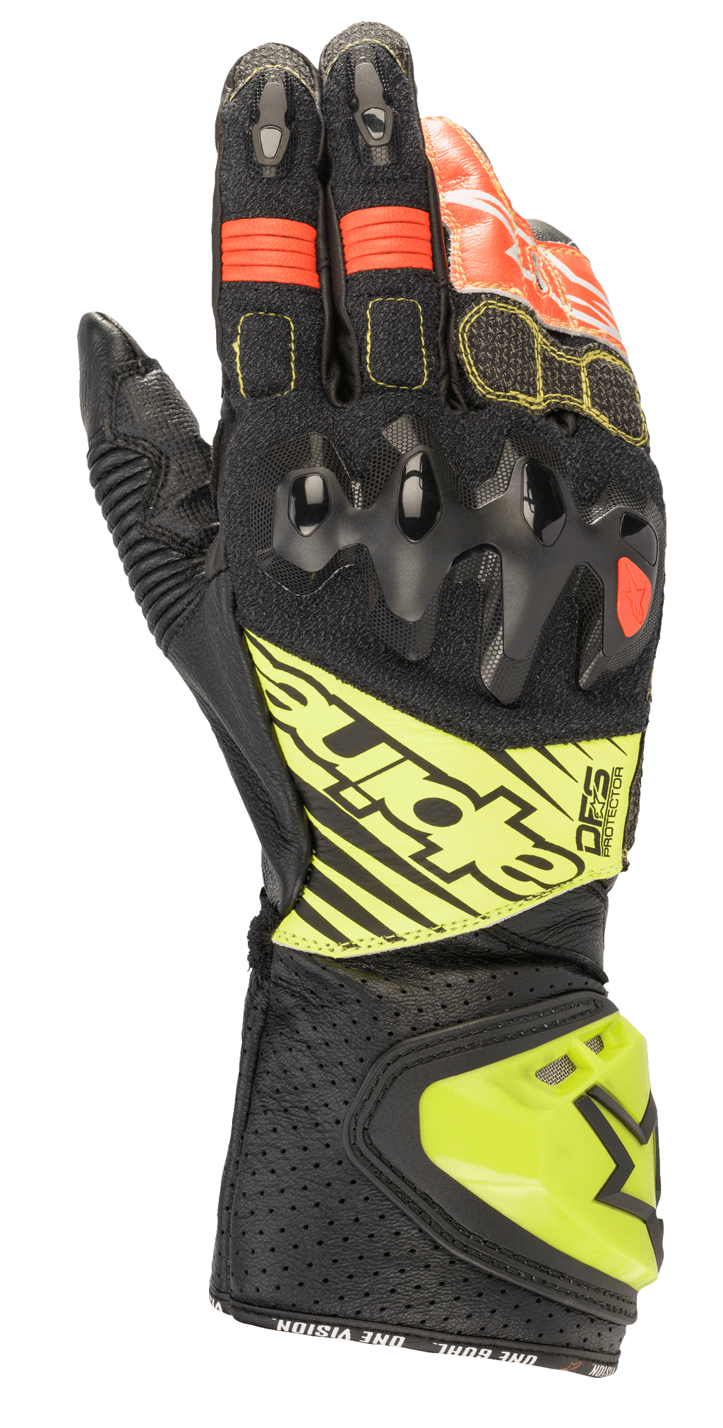Rękawice Alpinestars GP Tech V2, motocyklowe rękawice wyścigowe, czarne z żółtymi fluorescencyjnymi i czerwonymi akcentami, twardy ochraniacz kostek, perforowany skórzany mankiet z logo DFS i harmonijkowe panele elastyczne dla optymalnej elastyczności.