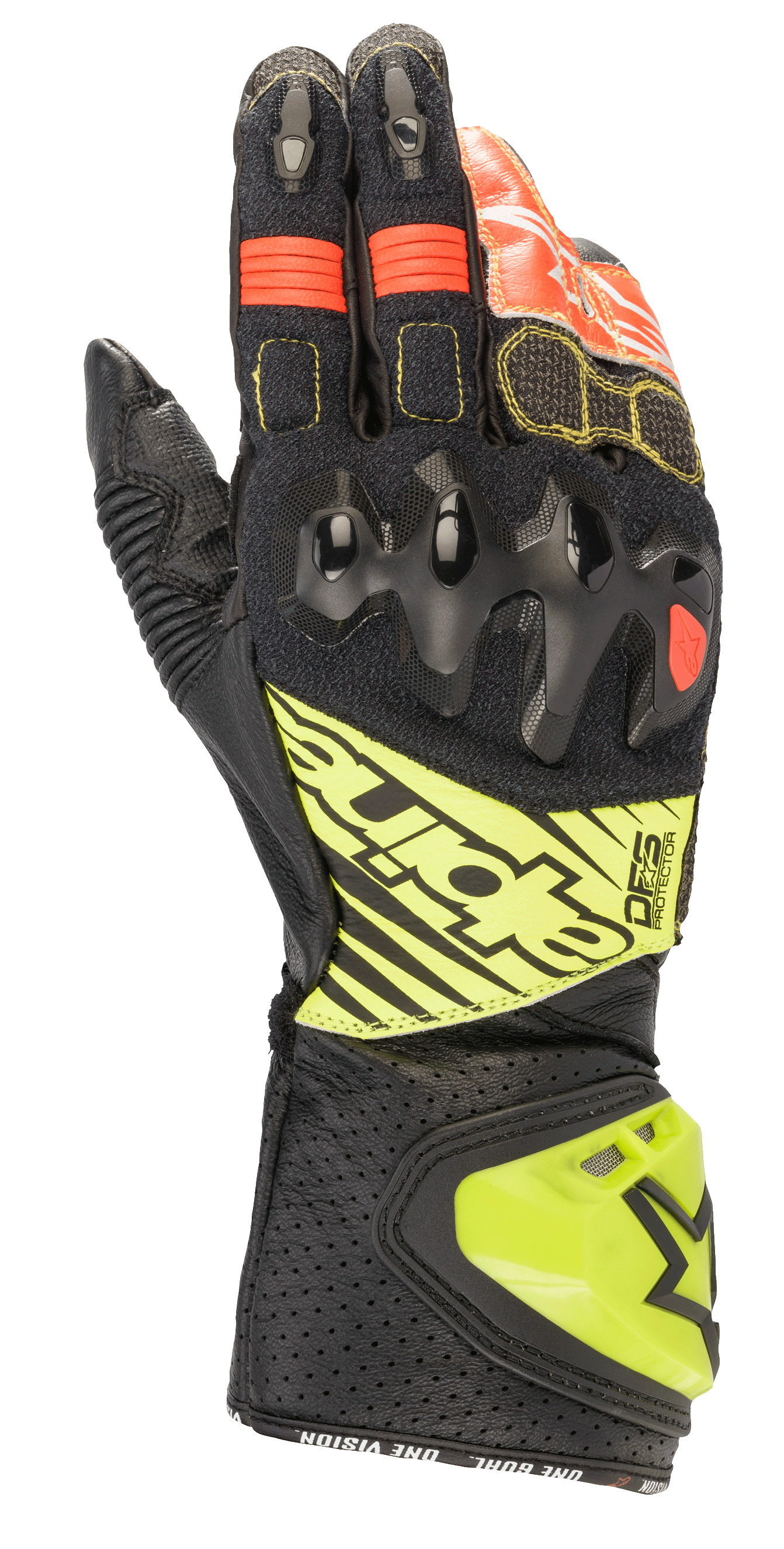 Rękawice Alpinestars GP Tech V2, motocyklowe rękawice wyścigowe, czarne z żółtymi fluorescencyjnymi i czerwonymi akcentami, twardy ochraniacz kostek, perforowany skórzany mankiet z logo DFS i harmonijkowe panele elastyczne dla optymalnej elastyczności.