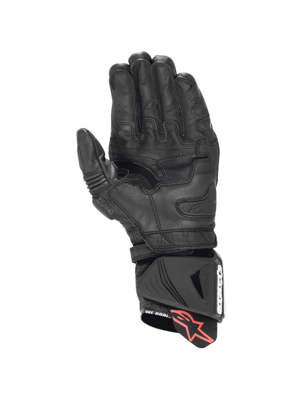 Alpinestars GP Pro R4 Gloves in black leather featuring a kangaroo leather palm and DFS cuff slider for racing.