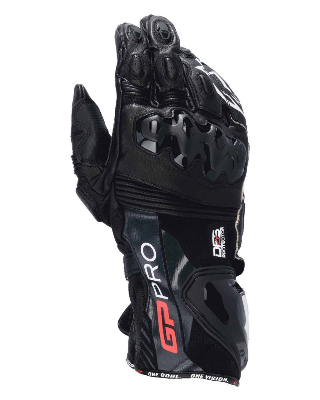 Alpinestars GP Pro R4 Gloves, czarne motocyklowe rękawice wyścigowe z długim mankietem, ochraniacze kostek i mankietów DFS, skórzana konstrukcja premium z czerwonymi i białymi detalami, profesjonalna ochrona torowa