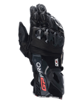 Alpinestars GP Pro R4 Gloves, czarne motocyklowe rękawice wyścigowe z długim mankietem, ochraniacze kostek i mankietów DFS, skórzana konstrukcja premium z czerwonymi i białymi detalami, profesjonalna ochrona torowa