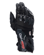 Alpinestars GP Pro R4 Gloves, czarne motocyklowe rękawice wyścigowe z długim mankietem, ochraniacze kostek i mankietów DFS, skórzana konstrukcja premium z czerwonymi i białymi detalami, profesjonalna ochrona torowa