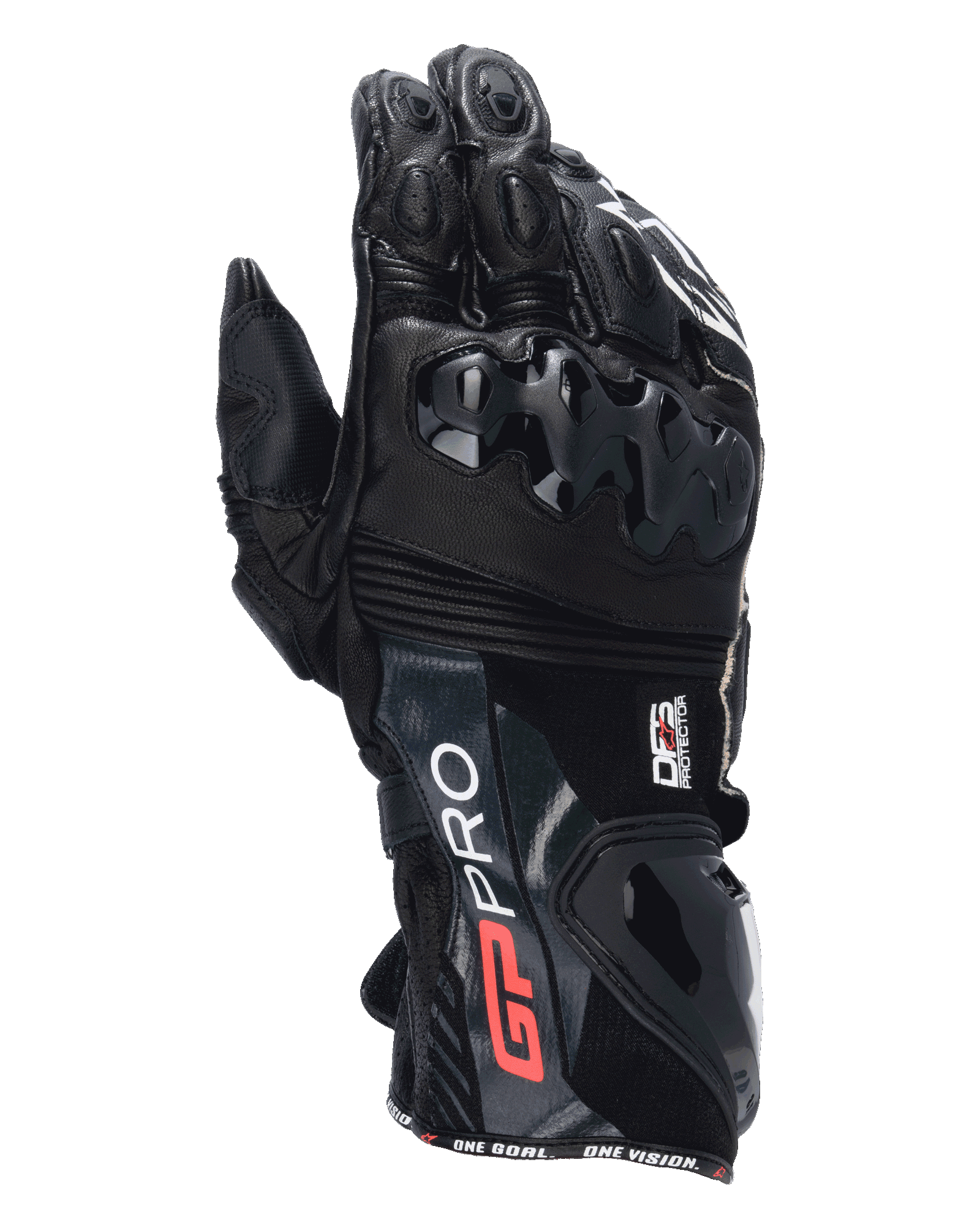 Alpinestars GP Pro R4 Gloves, czarne motocyklowe rękawice wyścigowe z długim mankietem, ochraniacze kostek i mankietów DFS, skórzana konstrukcja premium z czerwonymi i białymi detalami, profesjonalna ochrona torowa