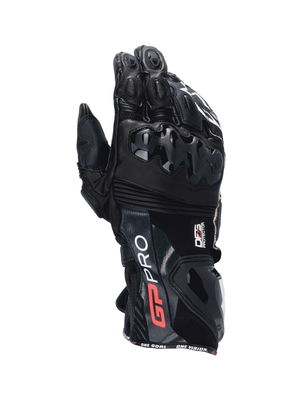 Alpinestars GP Pro R4 Gloves, men's black leather motorcycle racing gauntlet with DFS knuckle and cuff protection.