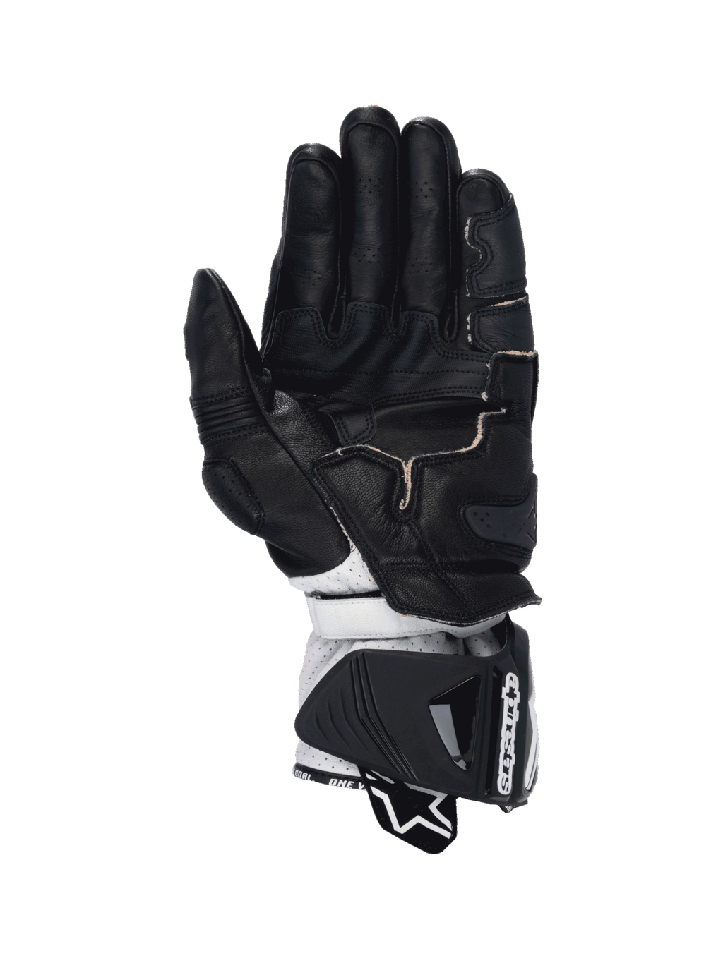 Alpinestars GP Pro R4 Men's Racing Gloves, Black and White leather featuring a kangaroo palm and DFS cuff protection.