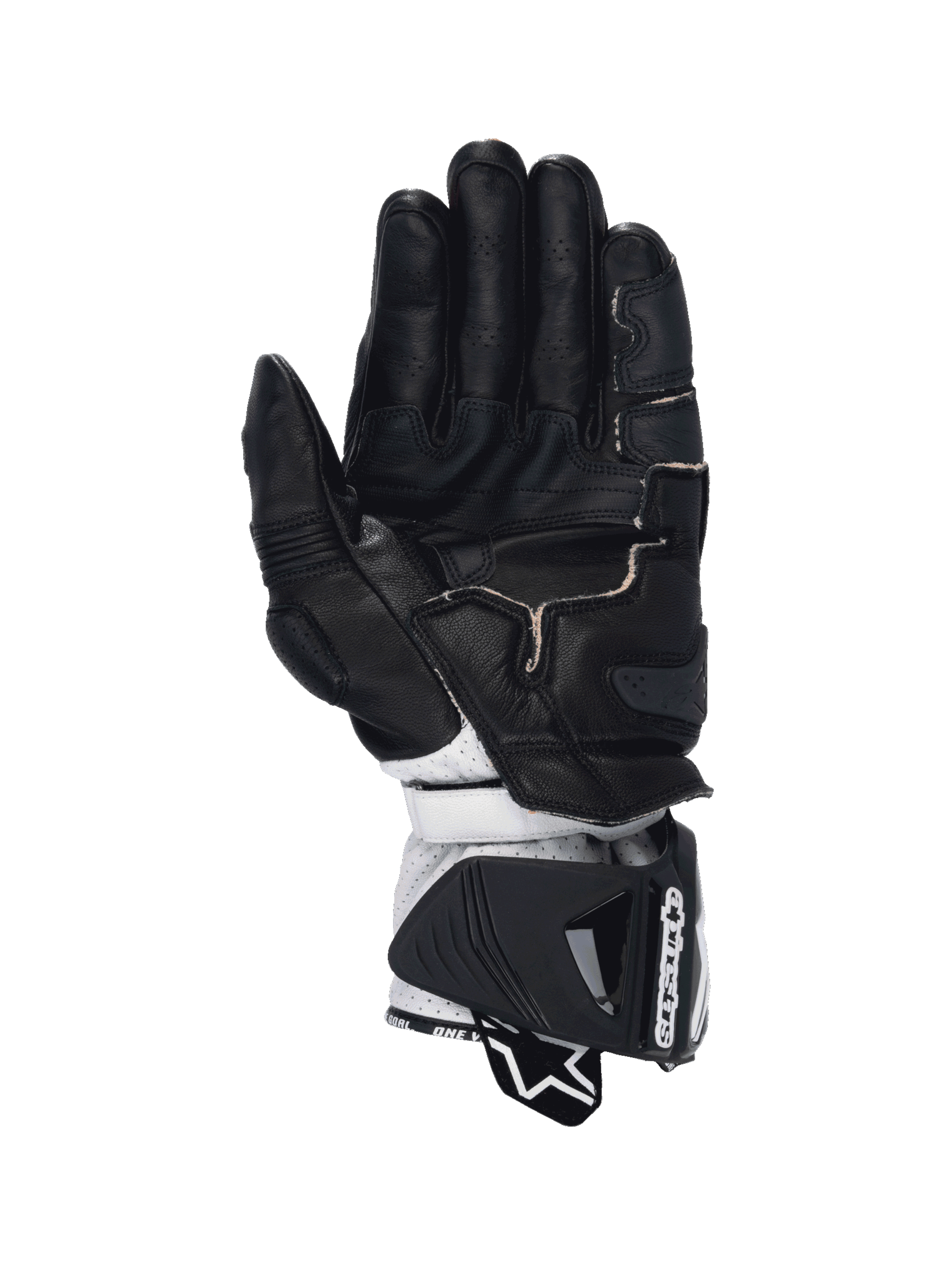 Alpinestars GP Pro R4 Men's Racing Gloves, Black and White leather featuring a kangaroo palm and DFS cuff protection.