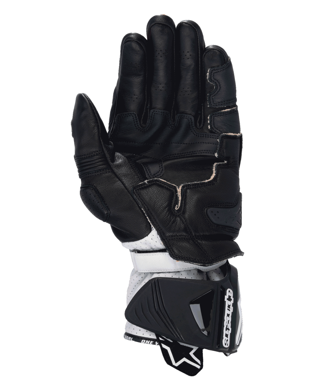 Rękawice Alpinestars GP Pro R4, wyścigowe rękawice motocyklowe, czarne, czerwone fluo i białe, widok od strony dłoni przedstawiający czarną skórzaną konstrukcję z perforowanymi palcami, wzmocnienia chwytu oraz białą skórzaną sekcję nadgarstka z dużym ochronnym mankietem.