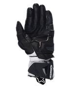 Rękawice Alpinestars GP Pro R4, wyścigowe rękawice motocyklowe, czarne, czerwone fluo i białe, widok od strony dłoni przedstawiający czarną skórzaną konstrukcję z perforowanymi palcami, wzmocnienia chwytu oraz białą skórzaną sekcję nadgarstka z dużym ochronnym mankietem.