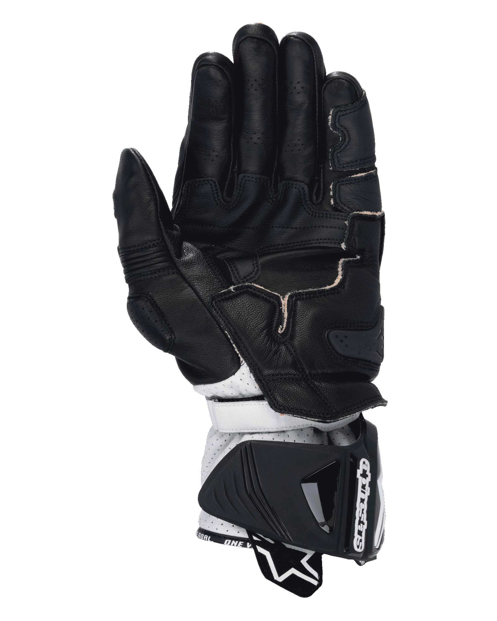 Rękawice Alpinestars GP Pro R4, wyścigowe rękawice motocyklowe, czarne, czerwone fluo i białe, widok od strony dłoni przedstawiający czarną skórzaną konstrukcję z perforowanymi palcami, wzmocnienia chwytu oraz białą skórzaną sekcję nadgarstka z dużym ochronnym mankietem.