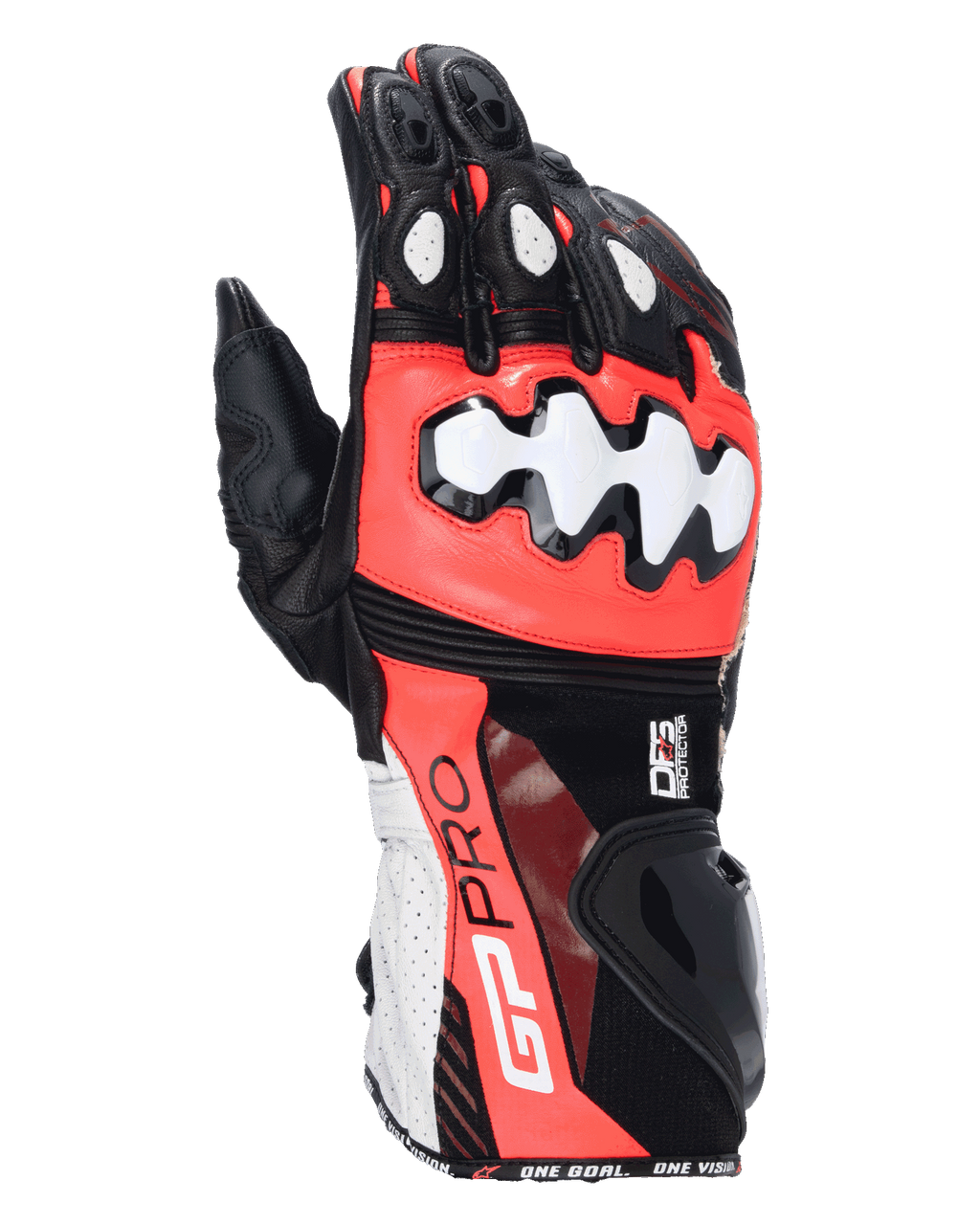 Alpinestars GP Pro R4, rękawice motocyklowe wyścigowe, czarne, czerwone fluo i białe, ochraniacze kostek i mankietów DFS, konstrukcja z perforowanej skóry, branding GP Pro na mankiecie, profesjonalny sprzęt wyścigowy