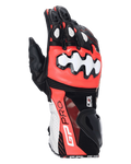 Alpinestars GP Pro R4, rękawice motocyklowe wyścigowe, czarne, czerwone fluo i białe, ochraniacze kostek i mankietów DFS, konstrukcja z perforowanej skóry, branding GP Pro na mankiecie, profesjonalny sprzęt wyścigowy