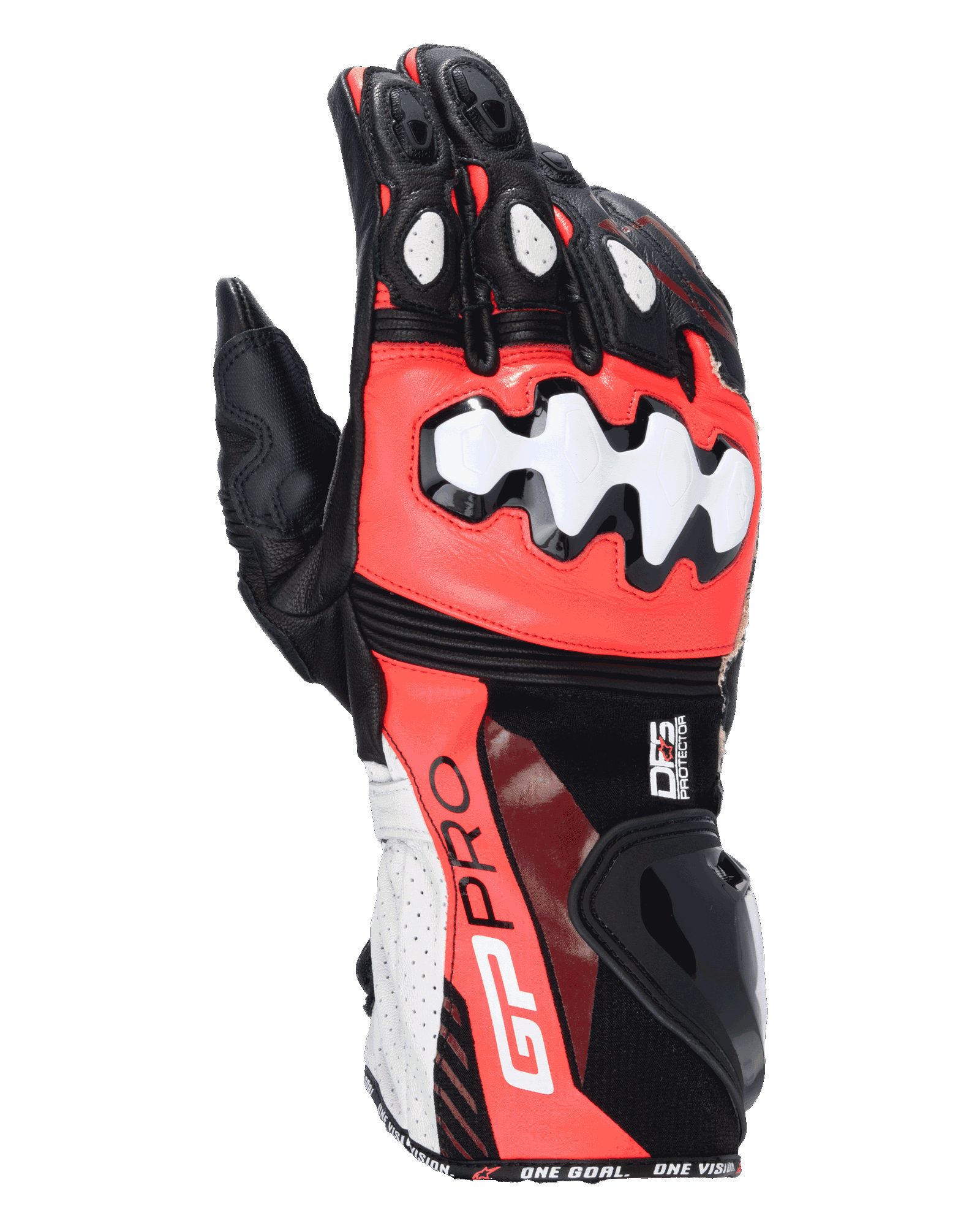 Alpinestars GP Pro R4, rękawice motocyklowe wyścigowe, czarne, czerwone fluo i białe, ochraniacze kostek i mankietów DFS, konstrukcja z perforowanej skóry, branding GP Pro na mankiecie, profesjonalny sprzęt wyścigowy