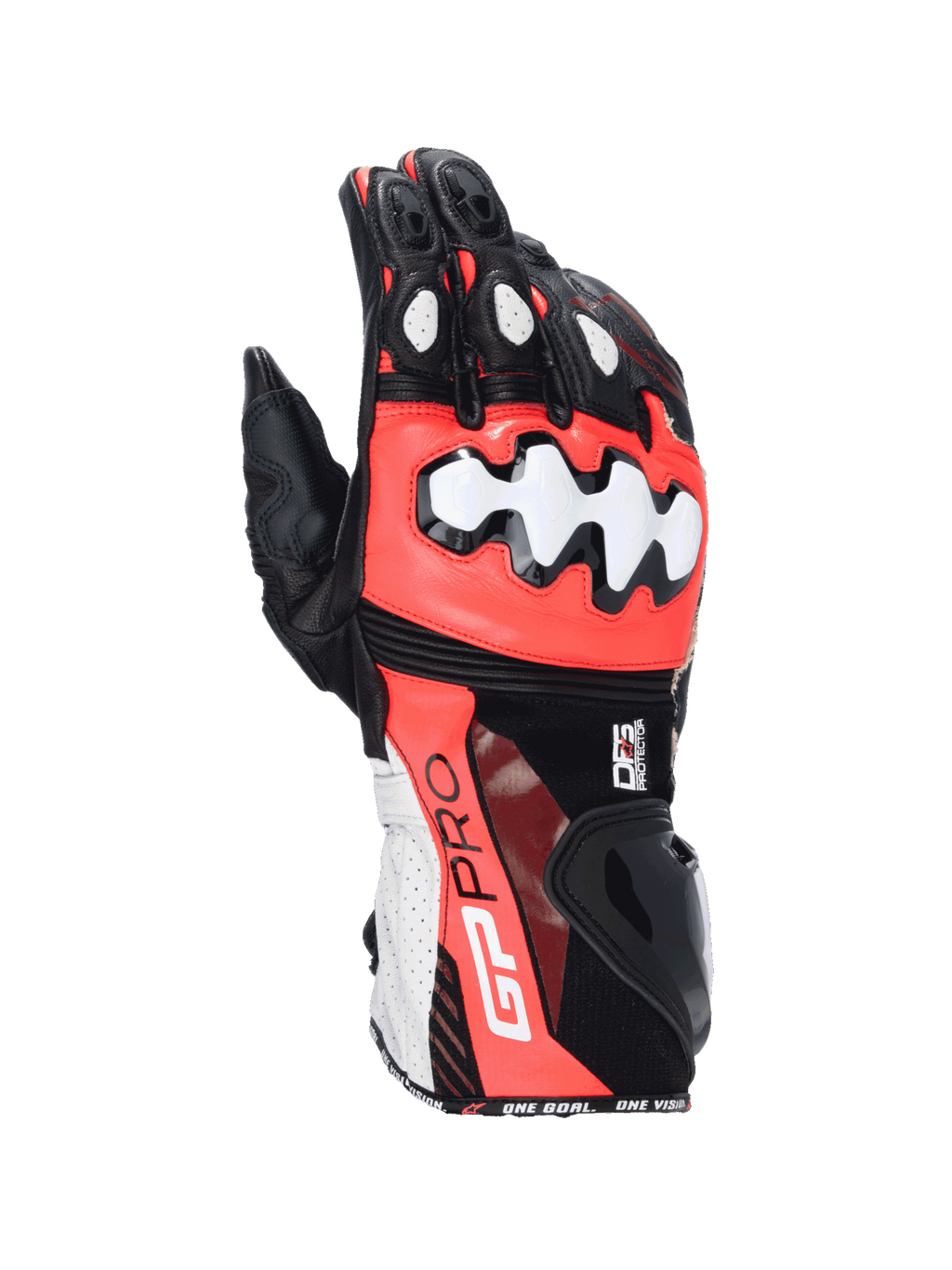 Alpinestars GP Pro R4 motorcycle racing gloves in black, red, and white leather with DFS knuckle protectors.