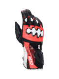 Alpinestars GP Pro R4 motorcycle racing gloves in black, red, and white leather with DFS knuckle protectors.