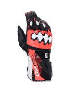 Alpinestars GP Pro R4 motorcycle racing gloves in black, red, and white leather with DFS knuckle protectors.
