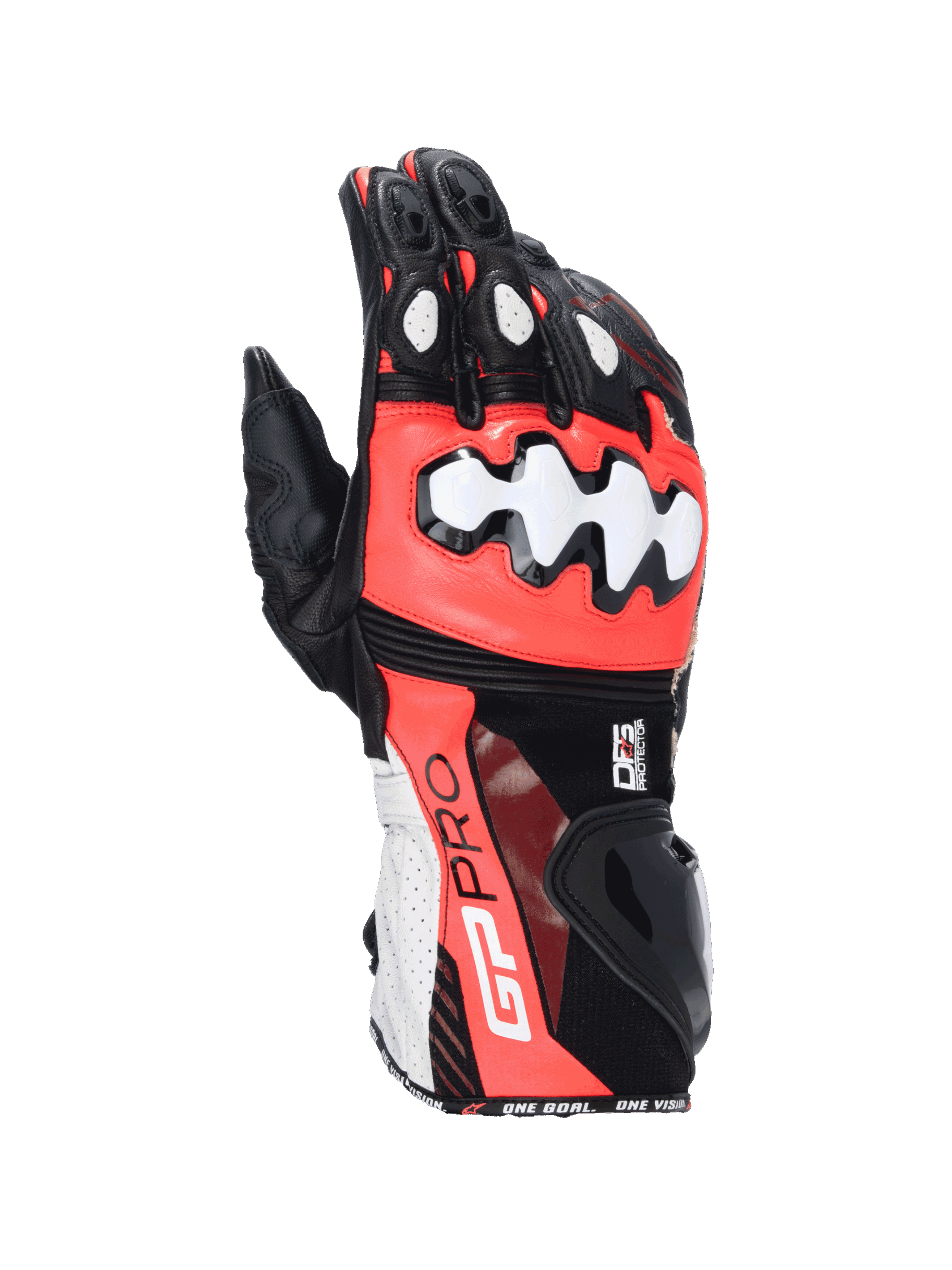 Alpinestars GP Pro R4 motorcycle racing gloves in black, red, and white leather with DFS knuckle protectors.