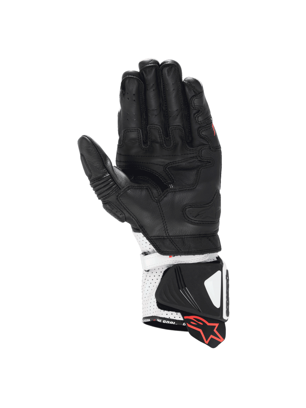 Alpinestars GP Pro R4 motorcycle racing gloves in black and white leather with a kangaroo palm and DFS gauntlet cuff.