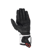 Alpinestars GP Pro R4 motorcycle racing gloves in black and white leather with a kangaroo palm and DFS gauntlet cuff.