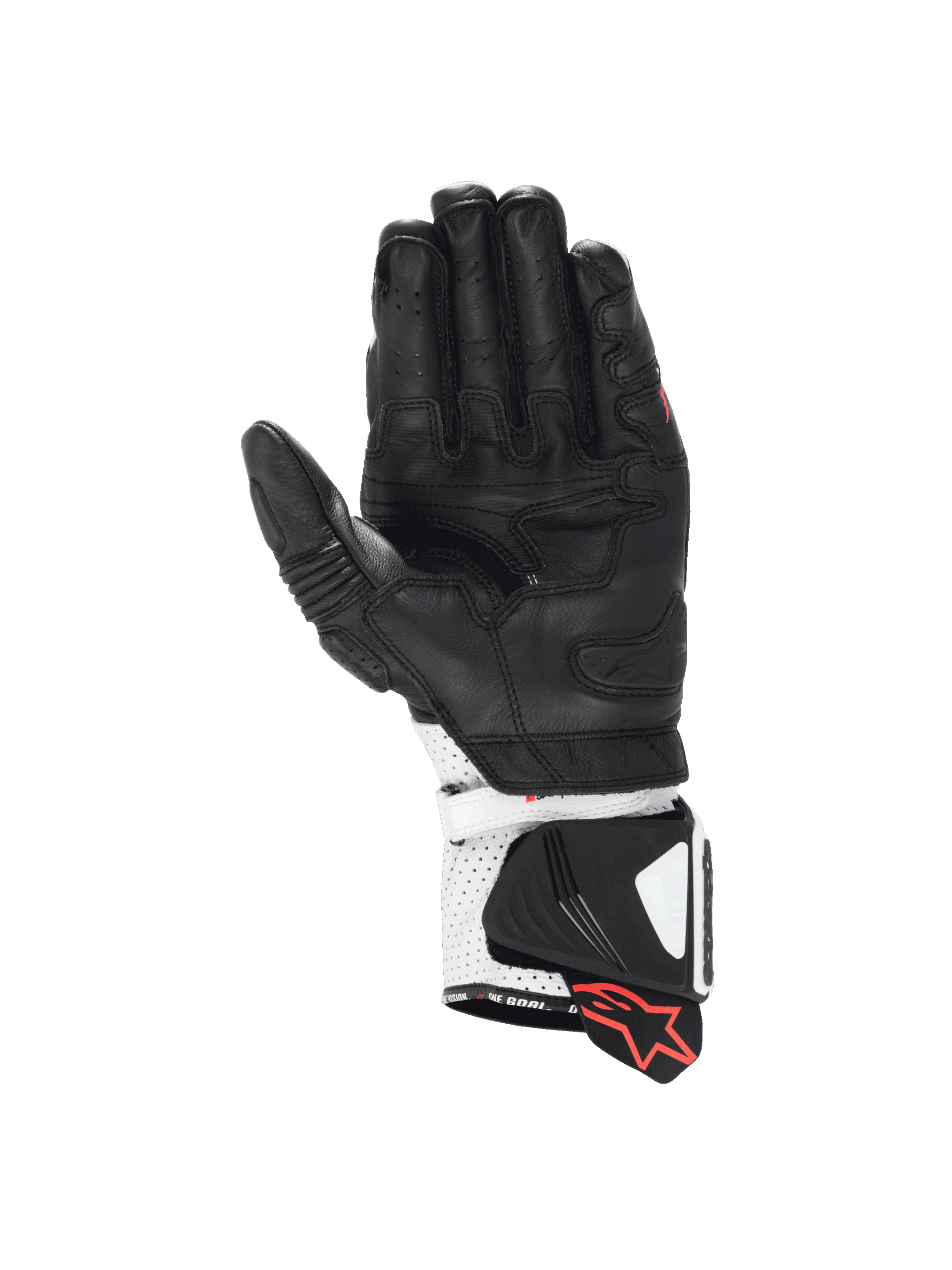 Alpinestars GP Pro R4 motorcycle racing gloves in black and white leather with a kangaroo palm and DFS gauntlet cuff.