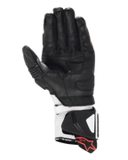 Alpinestars GP Pro R4 Gloves, sportowe rękawice wyścigowe, czarno-białe, widok od strony dłoni przedstawiający konstrukcję z wysokiej jakości skóry, perforowany mankiet z twardymi ślizgaczami i czerwone akcenty z logo