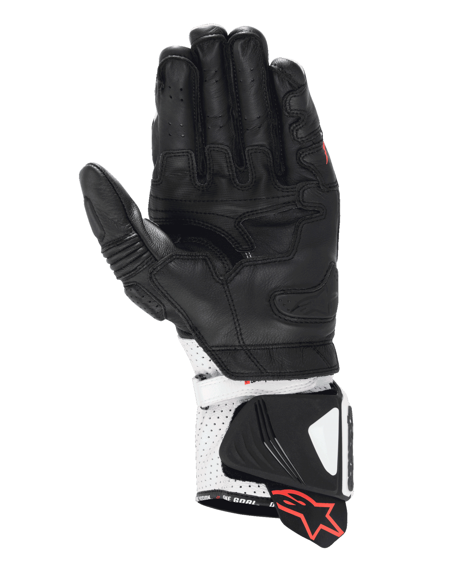 Alpinestars GP Pro R4 Gloves, sportowe rękawice wyścigowe, czarno-białe, widok od strony dłoni przedstawiający konstrukcję z wysokiej jakości skóry, perforowany mankiet z twardymi ślizgaczami i czerwone akcenty z logo
