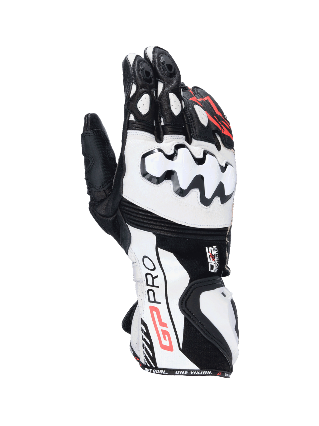 Alpinestars GP Pro R4 Gloves, black and white leather motorcycle racing gauntlet gloves with DFS knuckle protection.
