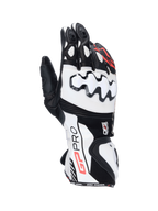Alpinestars GP Pro R4 Gloves, black and white leather motorcycle racing gauntlet gloves with DFS knuckle protection.