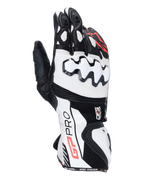 Alpinestars GP Pro R4, rękawice motocyklowe wyścigowe typu gauntlet, czarne, białe i czerwone, białe ochraniacze kostek DFS, konstrukcja ze skóry premium, wyczynowy design torowy