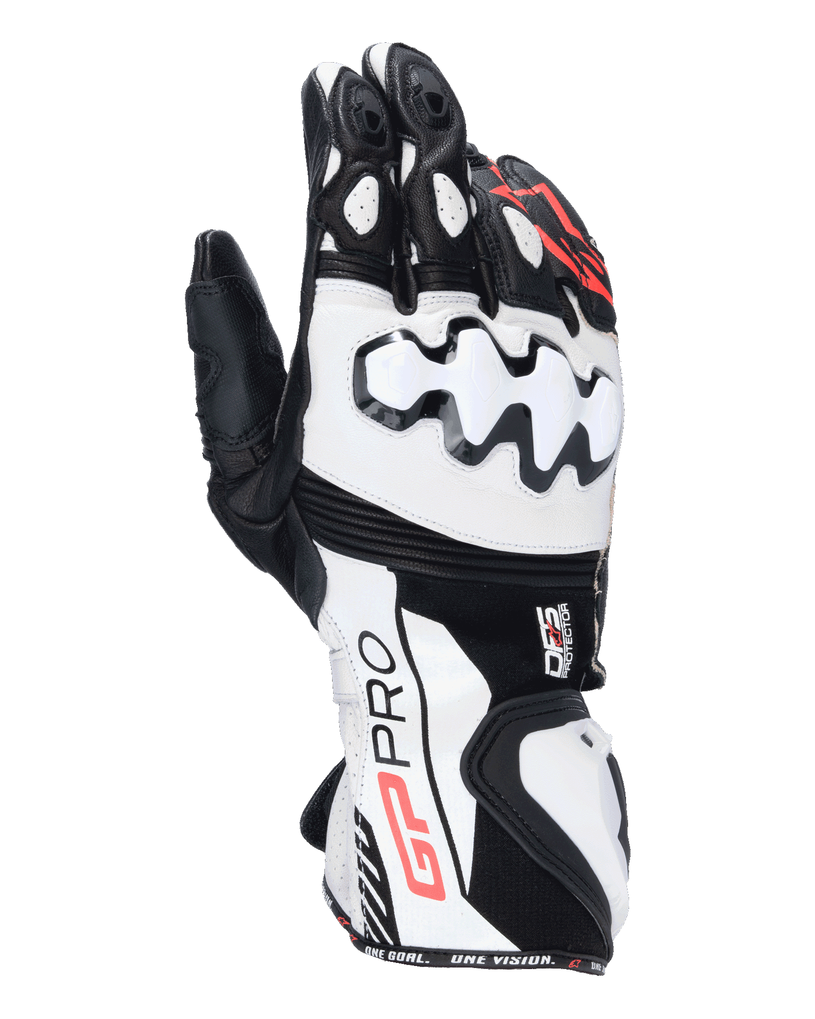 Alpinestars GP Pro R4, rękawice motocyklowe wyścigowe typu gauntlet, czarne, białe i czerwone, białe ochraniacze kostek DFS, konstrukcja ze skóry premium, wyczynowy design torowy