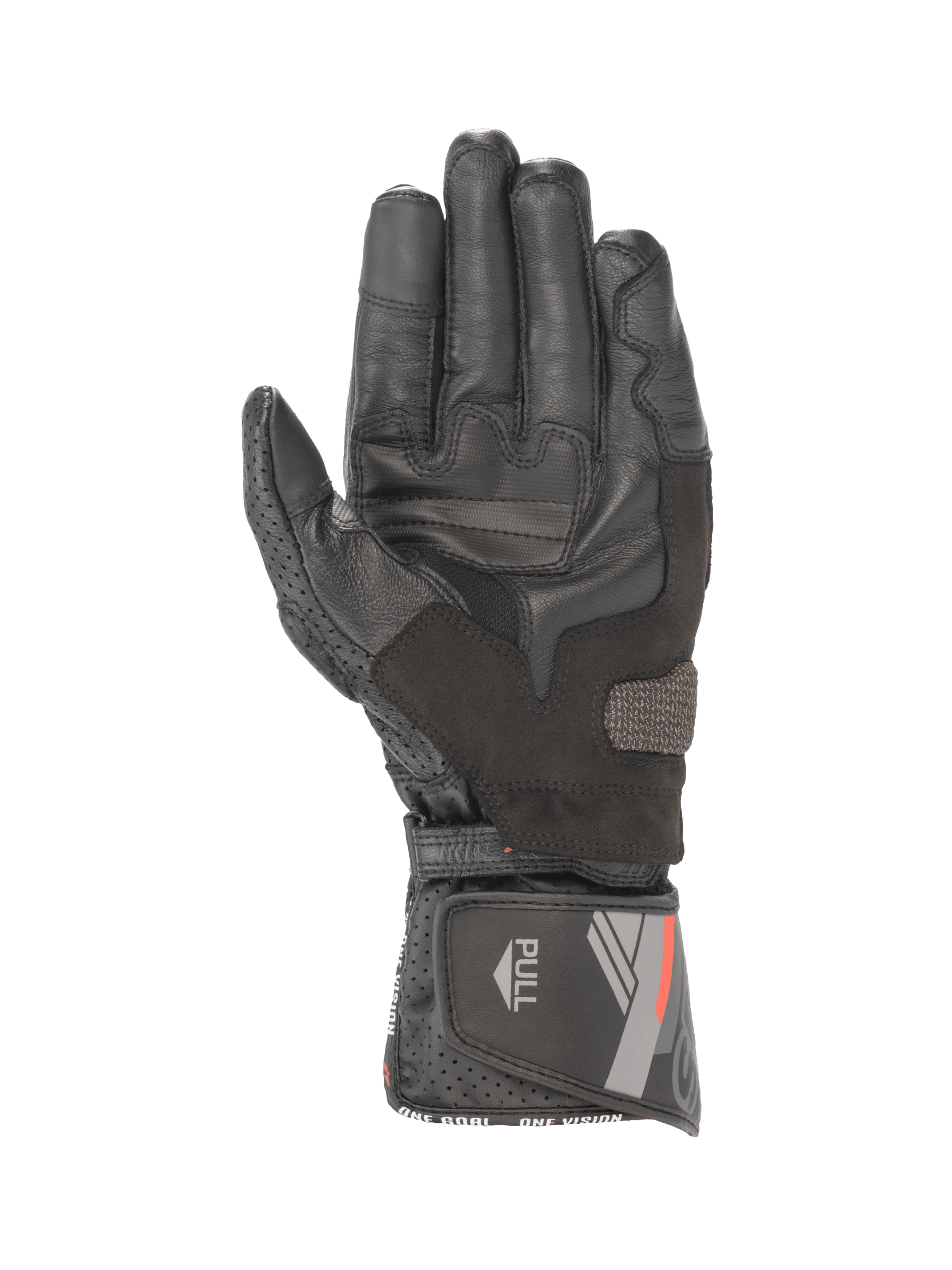 Alpinestars SP-8 V3, czarne skórzane rękawice motocyklowe, widok dłoni ze wzmocnieniami chwytu i zapięciem na rzep.