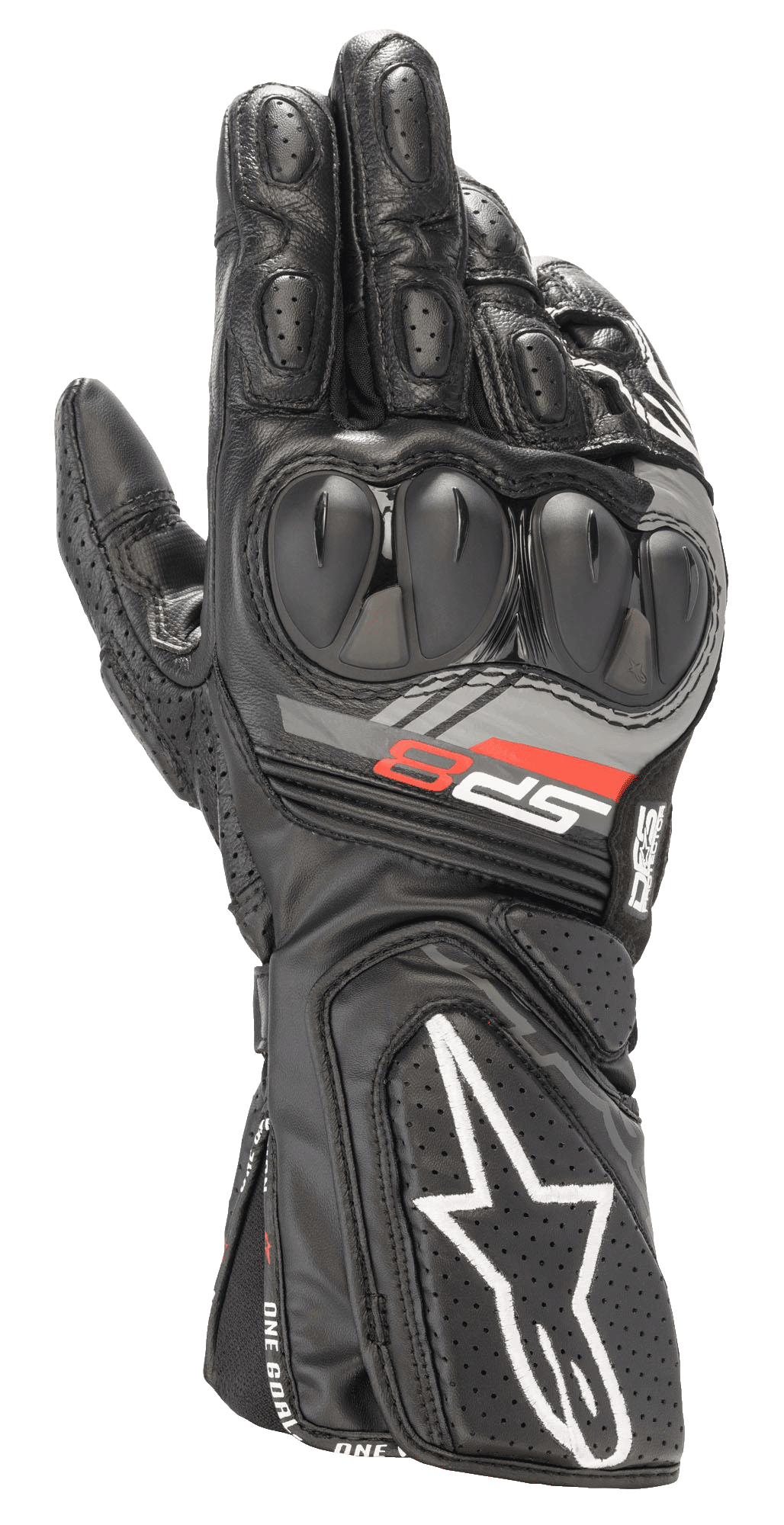Alpinestars SP-8 V3 Leather Gloves, Black Motorcycle Racing Gloves, featuring dual-density knuckle protection, red and grey 'SP-8' branding, white star logo on the perforated cuff, reinforced finger padding, and full-grain leather construction for sport riding