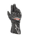 Alpinestars SP-8 V3 black motorcycle racing gloves featuring SP dual density knuckle protection and goat leather construction.