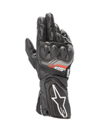 Czarne skórzane rękawice motocyklowe Alpinestars SP-8 V3 z ochraniaczem kostek SP i długim mankietem z białym logo.